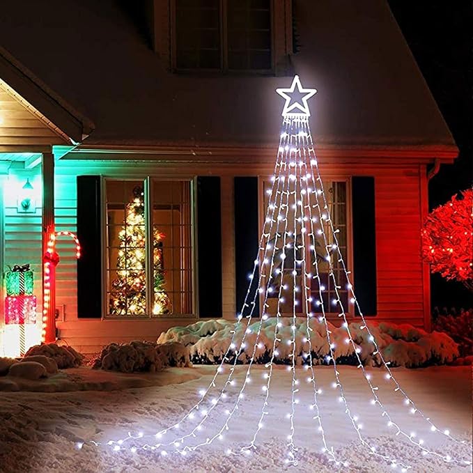 Christmas Decoration Lights, Outdoor Christmas String Lights 320 LED 11.5 Ft Waterfall Tree Light with Big Star Topper 8 Light Modes for Xmas New Year Holiday Garden Yard Indoor Outdoor Decor