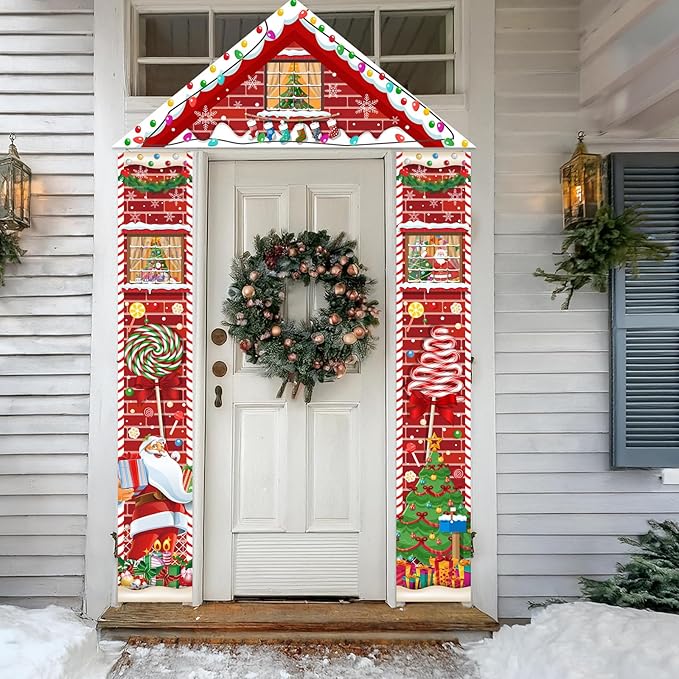3 Pcs Merry Christmas Door Banners House Door Cover Party Decoration Candy Santa Claus Xmas Tree Hanging Vertical Indoor Outdoor Christmas Signs for Porch Home Window Office Yard Garage Wall