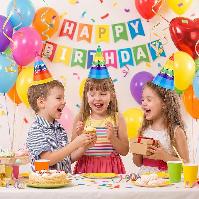 Azude Rainbow Party Hats for Kids and Adults, 12 Pack Happy Birthday Cone Hats with Metallic Foil Text, Sturdy 250gsm Paper Birthday Caps for Boys Girls & Classroom Celebrations, 7.9 Inch