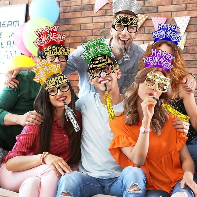 Openfly 24Pcs New Years Eve Party Supplies 2026 Happy New Years Party Headband Hats New Year Glasses New Year Noise Makers