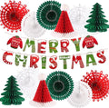 Christmas Party Decorations, Merry Christmas Banner Honeycomb Santa Hats Trees Hanging Snowflakes Paper Fans for Xmas Party Eve Holiday Home Decor