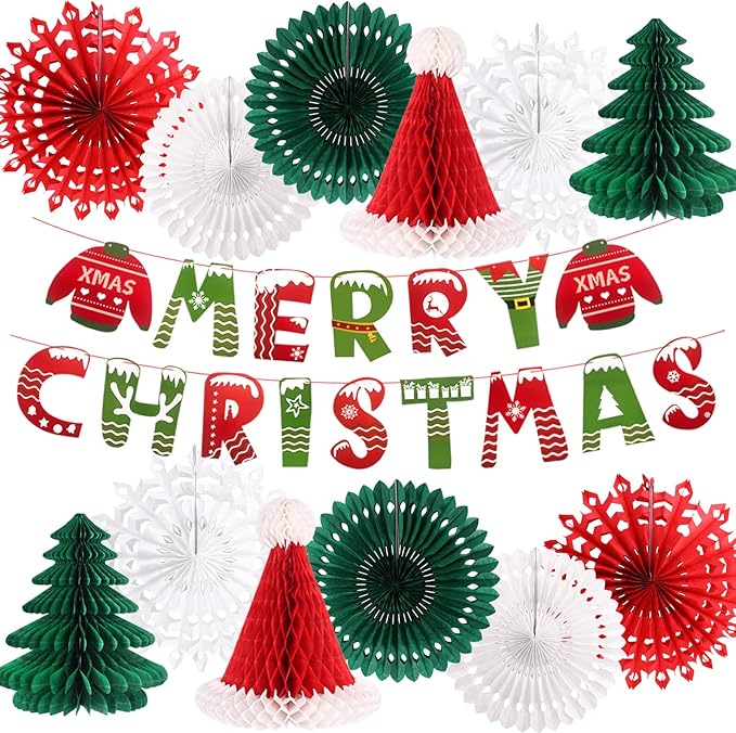 Christmas Party Decorations, Merry Christmas Banner Honeycomb Santa Hats Trees Hanging Snowflakes Paper Fans for Xmas Party Eve Holiday Home Decor