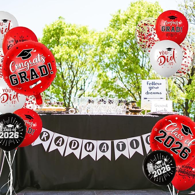 Red and Black Graduation Balloons Graduation Decorations 2026, 51Pcs Grad Latex Balloons and Grad Foil Balloon with Confetti Ribbons Grad Party Decorations for College High School