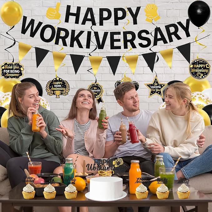 Roetyce Work Anniversary Party Decorations, Black Gold Happy Workiversary Banner Cake Topper Balloons Hanging Swirls, Work Anniversary Backdrop Background for Employee Coworker Office Party Supplies
