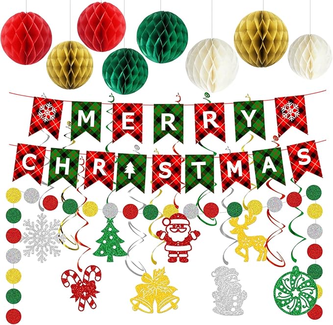 Christmas Party Decorations, Xmas Party Supplies, Merry Christmas Banner, Honeycomb Balls, Xmas Theme Hanging Swirls, Circle Dots Garland, for Outdoor Indoor Home Mantle Fireplace Decor