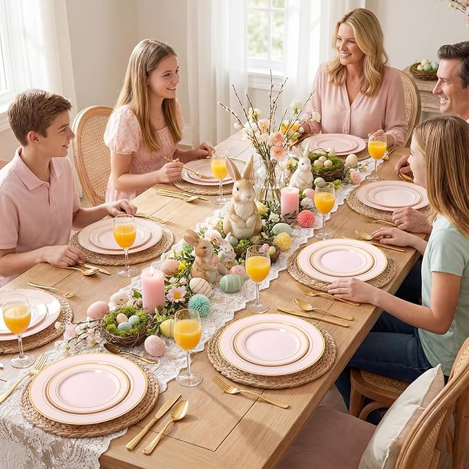 175PCS Pink plastic Plates - Pink Disposable Plates 25Guests Disposable Dinnerware Sets with Rolled Napkins for Wedding/Birthday/Easter/Baby Shower