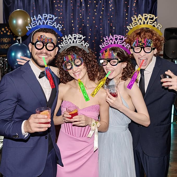 Openfly 36Pcs New Years Eve Party Supplies 2026 Happy New Year Hats Headband Tiara Noise Makers Paper Glasses Party Favors