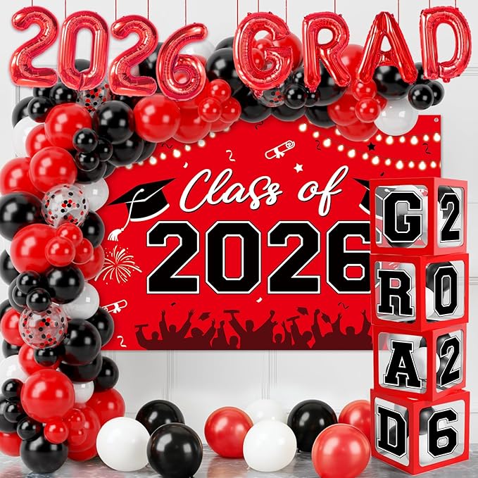 Graduation Decorations Class of 2026-123pcs Red Black Graduation Party Decorations include Balloon Boxes with Letters, Balloon Arch Kit and Backdrop for 2026 Grad Party Supplies