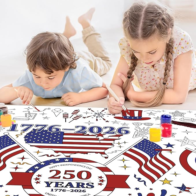 OHOME 4th of July Giant Coloring Poster/Tablecloth - 250 America Anniversary USA Decorations,Kids July 4th Crafts Games Activities Toys Decor Party Decor for Classroom School