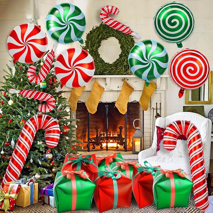 64Pcs Christmas Balloons Kit, Candy Cane Foil Balloons with Ribbons, Red Green Mylar Balloon for Party Decorations