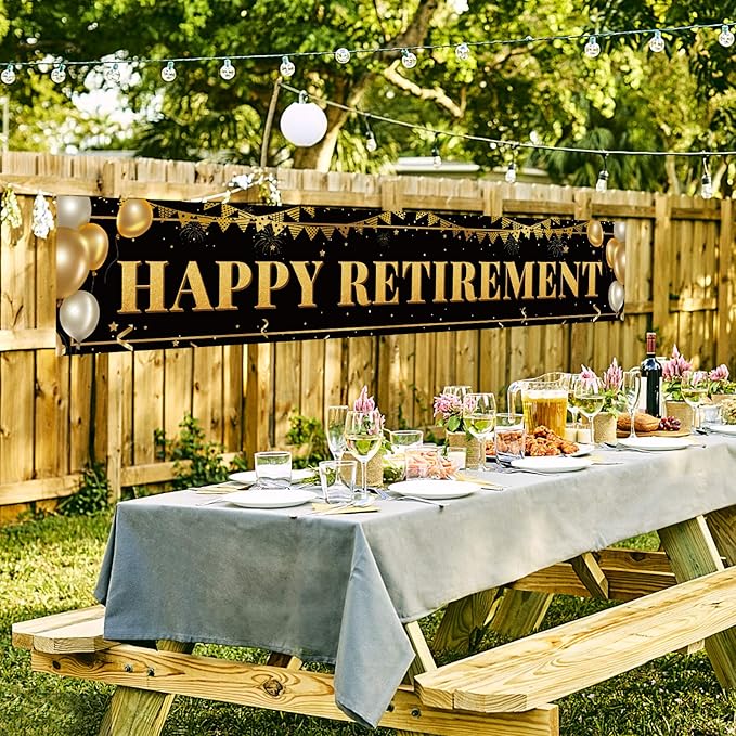 Large Happy Retirement Banner, Black and Gold Retirement Banner Sign, Party Decorations Supplies (9.8x1.6ft)