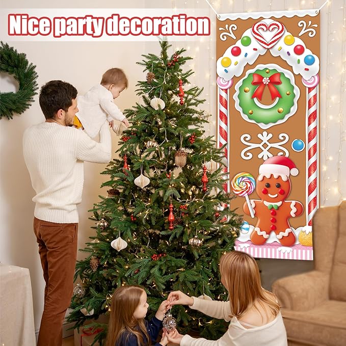 Christmas Gingerbread House Door Cover Decorations - Gingerbread Door Banner for Candyland Party Backdrop Decor Indoor Outdoor, 72×30 Inches