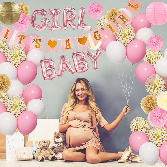 Ouddy Party Pink Baby Shower Decorations for Girls with Its a Girl Banner, Baby Girl Letter Pink Gold Confetti Balloons Paper Pom Poms for Baby Shower Gender Reveal Party Supplies