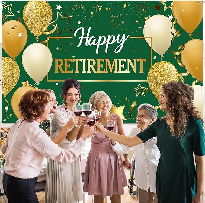 Blulu Retirement Party Decorations, Extra Large Fabric Retire Sign Banner Photo Booth Backdrop Background with Rope for Retirement Party Favor(72.8 x 43.3 Inches,Green and Gold)