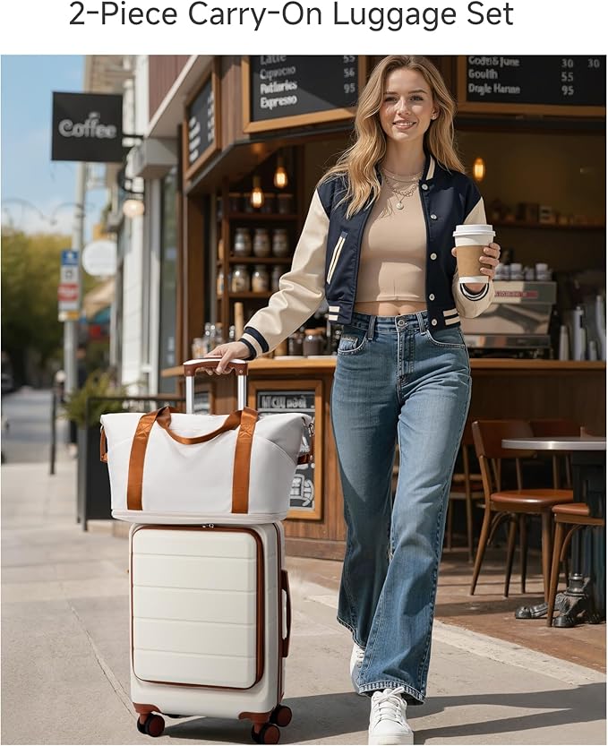 YOETEY Carry On Luggage 22x14x9 Airline Approved, 20" Hardside Suitcase with Front Pocket for Laptop, Lightweight Spinner Luggage with TSA Lock & Matching Tote Bag (3 Piece Sets, Black)