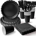Vyntra 350 Pcs Black Disposable Paper Plates and Napkins Set for 50, 9" Dinner Plates & 7" Dessert Plates, Tableware for Birthday, Graduation, Wedding, Party