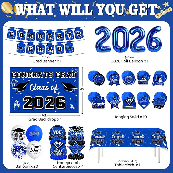 Graduation Decorations 2026, Class of 2026 Backdrop, Banner, 2026 Foil Balloons, Tablecloth, Hanging Swirls, Honeycomb Centerpieces, Party Supplies Decorations Set for College (BLUE)