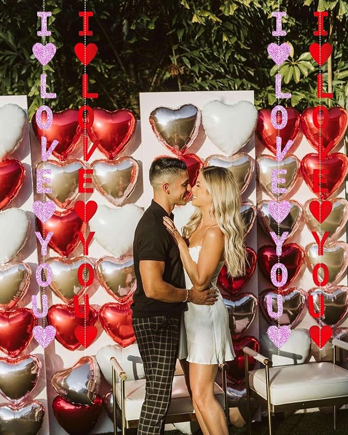 Glitter Red Pink Valentine Banner, 8 Strings Red I Love You Shiny Heart Banners Sign for Celebrate Valentine Party Wedding Ceremonies Holiday Party Decorations