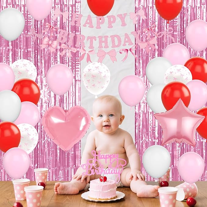 Cherry Birthday Decorations for Girl, Pink White Red Bows Balloons with 'HAPPY BIRTHDAY' Banner Fringe Curtains Heart Foil Balloons Cake Topper for Women Girls Birthday Party Decor
