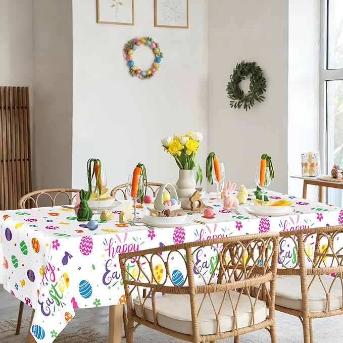4 Pack Disposable Easter Tablecloth, 54 x 108 Inch Rectangular Easter Table Cloth, Spring Table Cloth with Colorful Eggs Floral Design, Happy Easter Tablecloths for Easter Decorations Holiday Decor