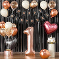 1st Birthday Decorations for Baby Girl - Rose Gold, Black and Hot Pink Party Supplies Set with Happy 1st Banner, Number 1 Balloon and Foil Fringe Curtains - 1 Year Old Celebration Kit