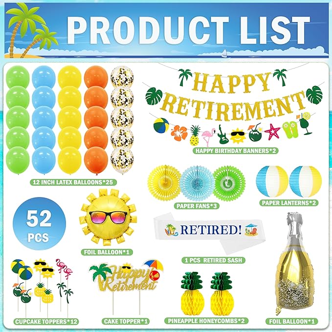 Tropical Hawaiian Luau Retirement Party Decorations, Summer Beach Pool Happy Retirement Party Supplies (Retirement Banner Garland Cake Topper Set Balloon Set Paper Lanterns Retired Sash)