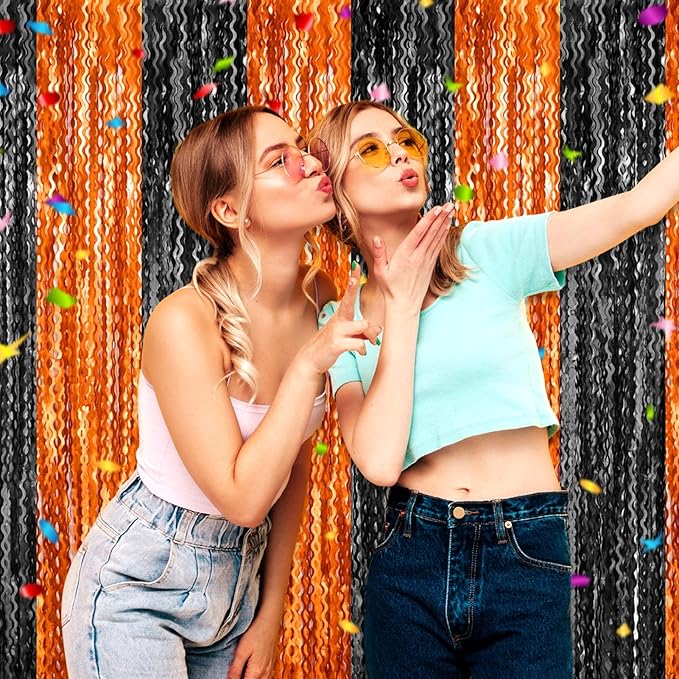 4 Pack Black Orange Wave Foil Fringe Curtain Backdrop, 3.28Ft x 8.2Ft Metallic Tinsel Foil Fringe Streamer Curtains for Photo Booth, Mother's Day, Easter, Birthday, Wedding Party Decoration