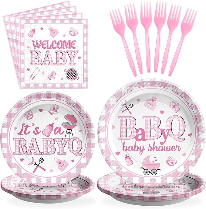 96 Pcs BBQ Baby Shower Decorations It's A BabyQ Paper Plates and Napkins Disposable Pink Gingham Baby Q Party Tableware Set for Girls Barbecue Baby Shower Gender Reveal Picnic Party Supplies Serves 24