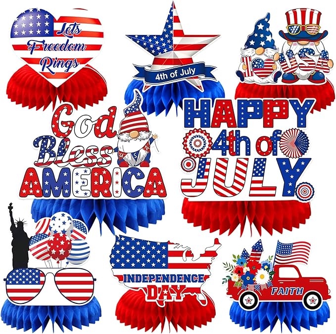 JULMELON 8PCS 4th of July Table Decorations Honeycomb Centerpieces, 3D Double Sided Fourth of July Centerpieces for Tables Patriotic Decor Independence Day Party Supplies
