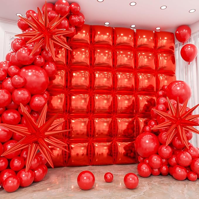 50pcs Red Square Foil Balloons Wall Backdrop with 79pcs Red Balloon Garland Arch Kit, Double Sided Balloon Tunnel for Birthday Anniversary Wedding Engagement Baby Shower Valentine's Decorations