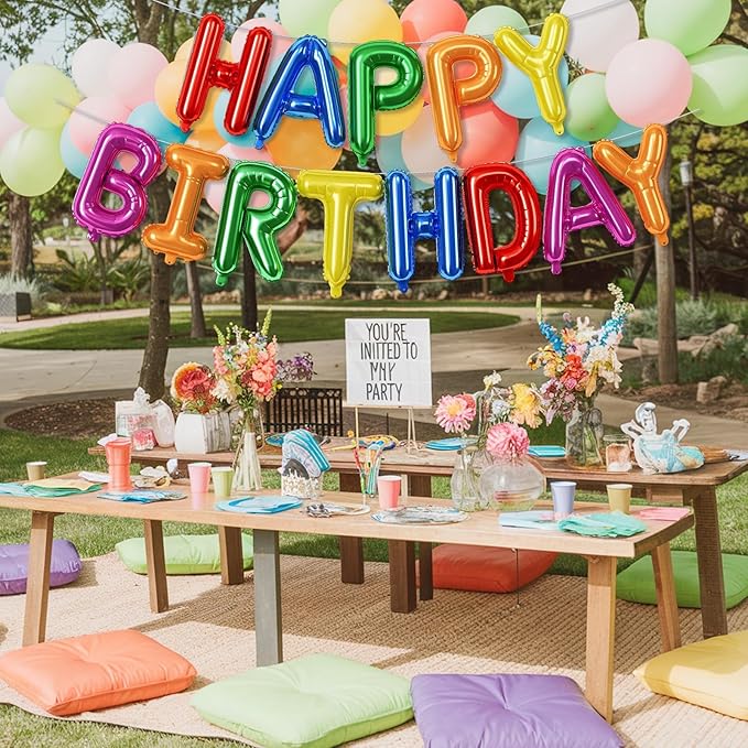 16 Inch Happy Birthday Banner Balloon, Rainbow Happy Birthday Letters Foil Balloons, Self Inflating Multicolor HBD Balloons Bunting for Kids Girls Boys Colorful Bday Party Decorations