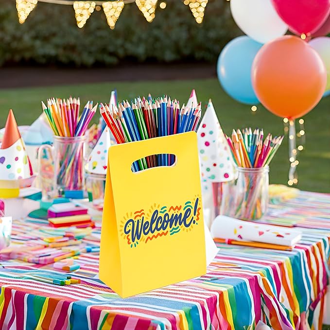 UnicoPak 16 Pack Yellow Party Favor Bags - 6×3×9” Premium Matte Yellow Gift Bags for Construction Birthday, Bee Baby Shower, Easter - Sturdy Paper Goodie Bags with Handles, Customizable for Treats & Cookies