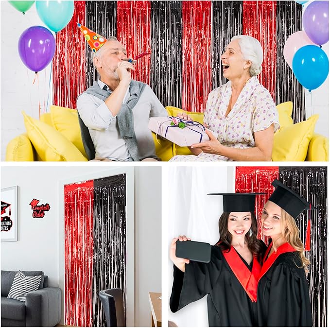 LOLStar Graduation Party Decoration, 2 Pack Red and Black 3.3x6.6 ft Foil Fringe Curtains, Tinsel Backdrop, Graduation Photo Booth Prop Streamer Backdrop for Class of 2026, Prom and Grad Party Decor