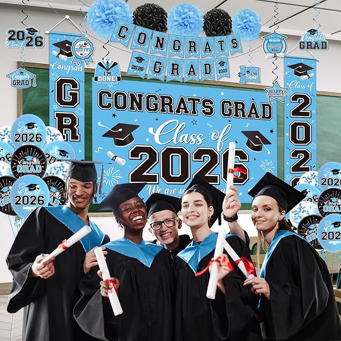 Graduation Decorations 2026 Light Blue Party Decor Set with Congrats Grad Banner, Class of 2026 Backdrop, Balloons, Box & Streamers Supplies for High School & College Celebrations