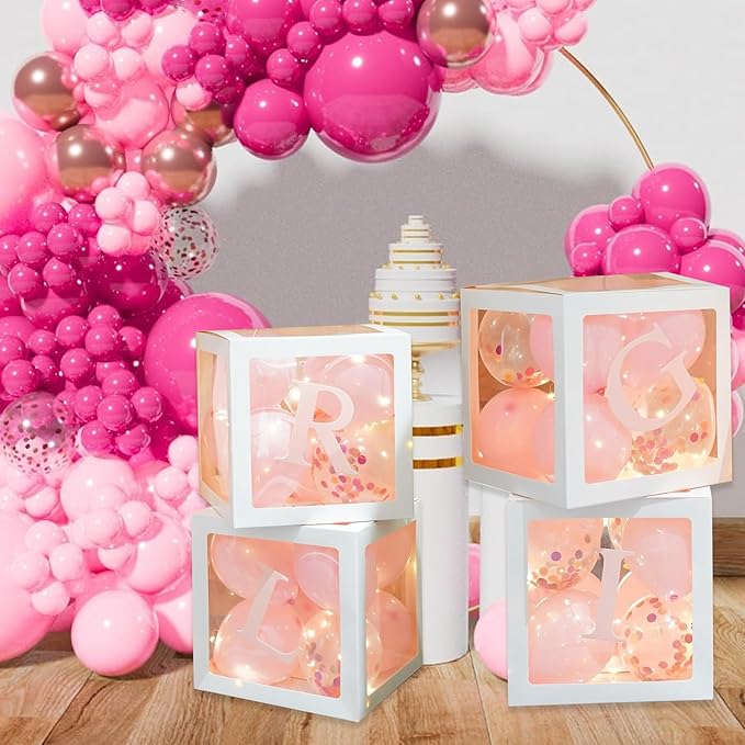 Uptotop Baby Shower Decorations Clear Balloon Blocks with Fairy String Lights, 4 Pack Transparent Balloon Boxes Including 30 Letters, 4 Warm White Fairy Lights & 36 Latex Balloons, Pink