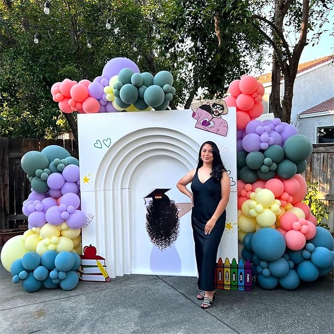 124PCS Rainbow Balloon Arch Kit, Assorted Colorful Balloon Garland with Dusty Slate Blue Retro Orange Balloons, Mustard Yellow Beige Balloons for Baby Shower Boho Groovy Birthday Party Decorations