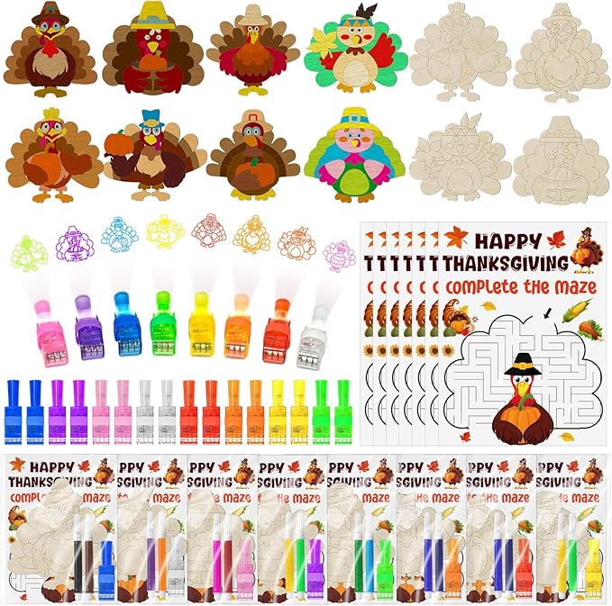 Cinrobiye 144 Pcs Fall Thanksgiving Ctaft Kit DIY Wood Turkey Painting Kits with Cards Thanksgiving Classroom Activities Autumn Holiday Decorations Fall Goodie Bag Favors