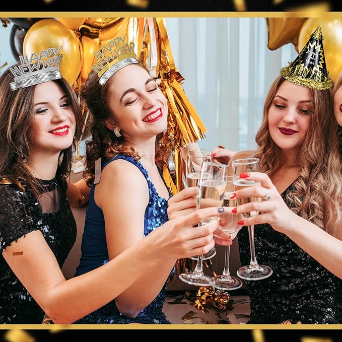 New Year's Eve Party Supplies Includes Black Cone Hats Headbands Tiaras for Eve Party Accessories