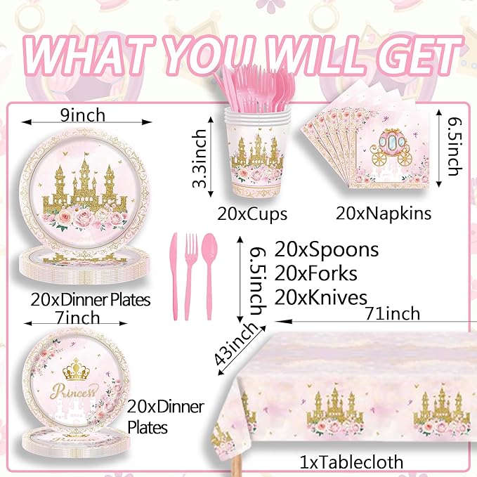 Pink Castle Party Supplies Set, Princess Theme 141 Pieces with Plates, Napkins, Cups and Tableware for 20 Guest Pink Castle Design Cuterly for Princess Party