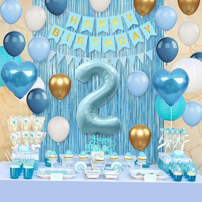 2nd Birthday Decorations Blue White Gold, 25pcs Balloons, Banner, Fringe Curtain, Heart Foil Balloons, Cake Topper, Boys Girls 2 Year Old Birthday Decor