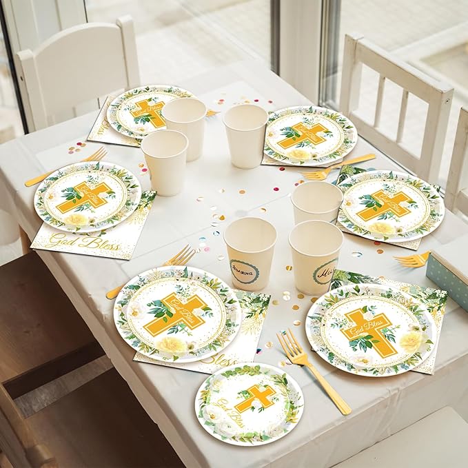 96 Pcs God Bless Plates and Napkins, Baptism First Holy Communion Party Decorations Supplies Mi Bautizo Eucalyptus Leaves Sage Tableware Set for Christening Celebration Baby Shower, Serves 24
