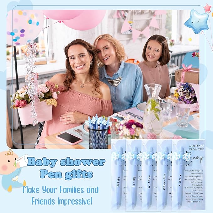 50 Set Baby Shower Party Gift Pen Favors for Guests Include 50 Pink Blue Bow Ballpoint Pens 50 Baby Shower Thank You Cards with Opp Bags for Gender Reveal Party Prizes Souvenirs(Boy)