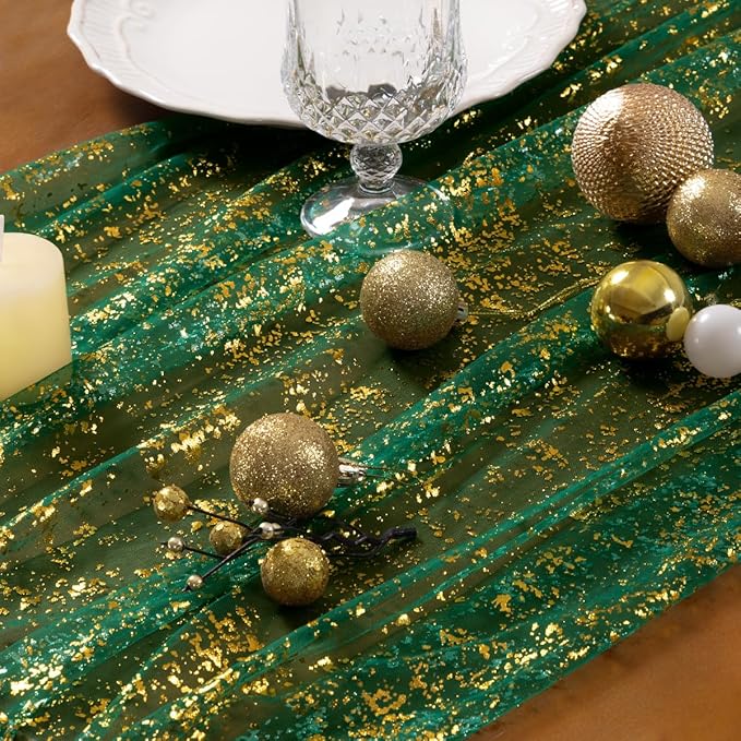 Socomi Christmas Table Runner Gold Gauze Sheer Chiffon Cheesecloth Sequin 10FT Glitter Metallic Foil Dining Wedding Birthday Party Anniversary Holiday Centerpiece Table Decor Emerald Green