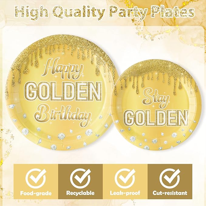 Happy Golden Birthday Gold Glitter Golden Diamond Party Plates Supplies - Serves 24-96Pcs Party Tableware Decorations Disposable Paper Plates Napkins Forks for Birthday Anniversary