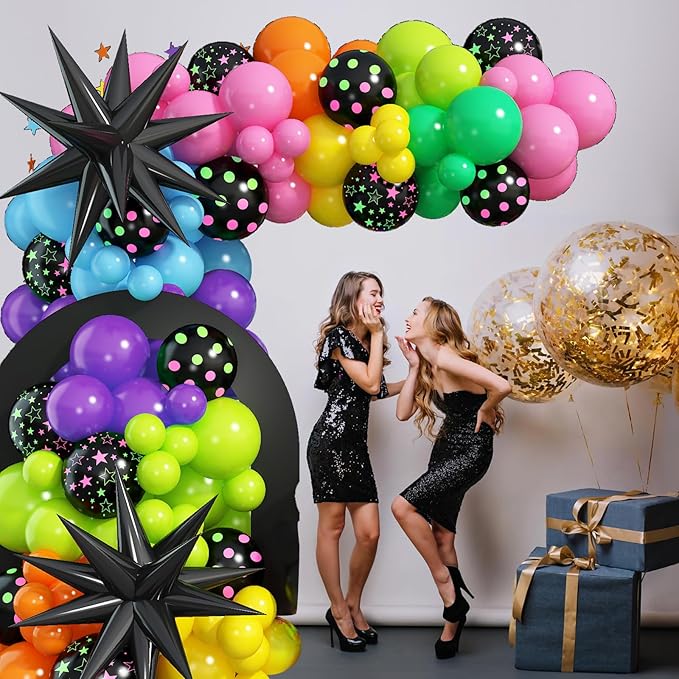 Rainbow Balloon Arch Garland Kit, 137pcs Colorful Balloons whit Rainbow Star Dot Glow Dark Balloons for Dark Party Let's Glow Birthday Wedding Back to 80s 90s Disco Rock Roll Party Decoration