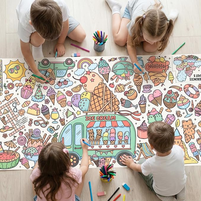 Ice Cream Giant Coloring Poster/Tablecloth, 30 x 72 Inch Summer Theme Craft for Kids Art Crafts Paper Banner Kids Games Activities,Coloring Tablecloth Crafts for Classroom Wall School Home Parties