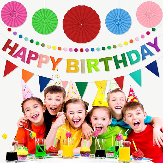 Pre-Strung Happy Birthday Banner, Reusable Felt Birthday Party Decorations, 3D Effect Happy Birthday Sign with Felt Ball Garland, Pennant Flag, Hanging Paper Fans for Men Women Boy Girls (Rainbow)