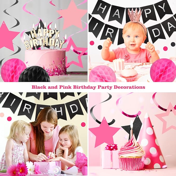 meowtastic Birthday Decorations, Happy Birthday Banner with Honeycomb Balls, Stars Hanging Swirl Streamers, Circle Dots Garland, Happy Birthday Party Decorations for Women Men Boys Girls (Black&Pink)