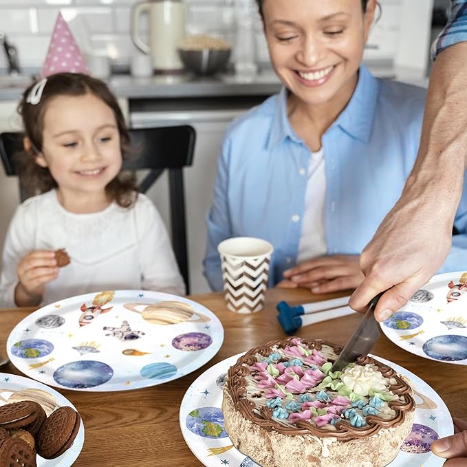 140PCS Space Themed Paper Plates Party Supplies Decorations, Birthday Paper Plates First Trip Around The Sun Astronaut Planet Cake Plate Tableware Dinner Set for Boys Girls Birthday Shower