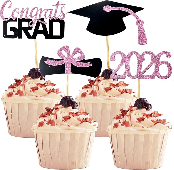 2026 Graduation Cupcake Toppers, 48 PCS Food/Appetizer Picks For Graduation Party Mini Cake Decorations, Diploma, 2026, Grad Cap Set 48 Pieces (06 Pink)